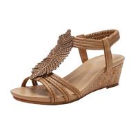 Womens Wedge Heel Summer Sandals, Casual Plus Size Open Toe Non-slip Elastic Ankle Platform Wedge Sandals, Breathable Cosy Wide Fit Roman Shoes, for Family, Travel, Beach, Meeting(Brown,6.5 UK)