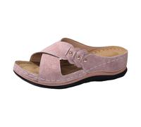 Women's Wedge Orthopedic Slides, Ladies Cross Strap Wedge Sandals - Comfortable Summer Open Toe Shoes with Arch Support Cushion Cut-Out Waliking Slippers Retro Ethnic Style Beach Slippers Pink