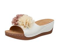 Women's Wedge Platform Espadrille Slide Sandals Slip On Flower Knot Slippers Open Toe High Heeled Summer Chunky Shoes Arch Support Comfortable Non-Slip Roman Sandal UK White
