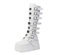 Womens Wedge Platform Knee High Goth Boots Round-Toe Back Zip Punk Goth Mid Calf Buckle Combat Boots Chunky High Heel Combat Boot for Women White Footwear Gift Size 3.5