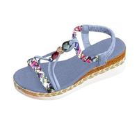 Womens Wedge Sandals Bohemian Platform Summer Shoes Beaded Elastic Back Strappy Espadrille Style Casual Beach Holiday Footwear Blue