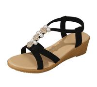 Women's Wedge Sandals Boho Summer Shoes with Faux Pearl Floral Embellishment Elastic Ankle Strap Comfortable Low Heel Walking Sandals for Holiday Black