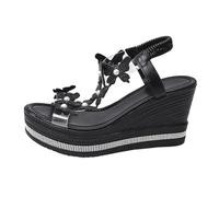 Women's Wedge Sandals Butterfly Rhinestone Platform Sandals Sparkly Pearl T-Strap Summer Holiday Shoes Bohemian Dressy Open Toe Elasticated Ankle Strap Espadrille Style Wedges Black