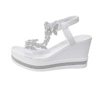 Women's Wedge Sandals Butterfly Rhinestone Platform Sandals Sparkly Pearl T-Strap Summer Holiday Shoes Bohemian Dressy Open Toe Elasticated Ankle Strap Espadrille Style Wedges White