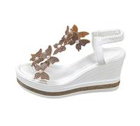 Women's Wedge Sandals Butterfly Rhinestone Platform Sandals Sparkly Pearl T-Strap Summer Holiday Shoes Bohemian Dressy Open Toe Elasticated Ankle Strap Espadrille Style Wedges Gold