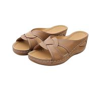 Womens Wedge Sandals Criss Cross Knot Slip On Platform Slides Laser Cut Perforated Summer Casual Open Toe Mules Brown