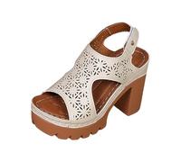 Women's Wedge Sandals Elegant Summer Shoes High Heels Slingback Chunky Heels Sandals Open Toe Buckled Platform Sandals Adjustable Casual Strap Sandals for Festive Dance Dressy, White, 6 UK