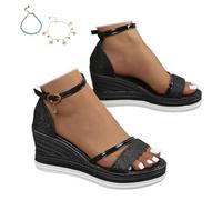 Women's Wedge Sandals, Glitter Platform Wedges Open-Toe with Ankle Strap Comfortable Summer Shoes with Buckle Straps for Leisure Vacation And The Beach,Black,7 UK