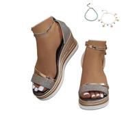 Women's Wedge Sandals, Glitter Platform Wedges Open-Toe with Ankle Strap Comfortable Summer Shoes with Buckle Straps for Leisure Vacation And The Beach,Gold,5.5 UK
