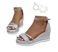Women's Wedge Sandals, Glitter Platform Wedges Open-Toe with Ankle Strap Comfortable Summer Shoes with Buckle Straps for Leisure Vacation And The Beach,Silver,4 UK