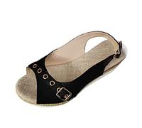 Women's Wedge Sandals Ladies Fashion Solid Color Canvas Open Toe Belt Buckle Decorative Thick Sole Slope Heel Designer For Women Flat Wide Fit Walking Womens Uk Slingback Comfortable Black 6