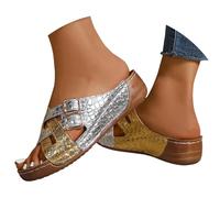 Women's Wedge Sandals Ladies Open Toe Adjustable Buckle Wide Fit Slippers Summer Thick Bottom Wedge Heel Fish Mouth Casual Lightweight Comfortable Slippers (Gold 7.5 UK)