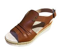 Womens Wedge Sandals Leather Espadrilles for Women Open Toe Ankle Strap Casual Dressy Summer Beach Platform Wedge Sandals Slip on Low Wedge Heels Comfortable Walking Shoes (01-Brown, 7)