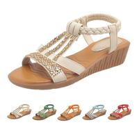 Women's Wedge Sandals Low Heels Rome Rhinestone Walking Shoes Elastic Ankle Strap Open Toe Bohemia Shoes for Summer Comfortable Outdoor Beach Vacation Sandals Size 6.5