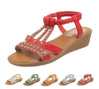 Women's Wedge Sandals Low Heels Rome Rhinestone Walking Shoes Elastic Ankle Strap Open Toe Bohemia Shoes for Summer Comfortable Outdoor Beach Vacation Sandals Size 4