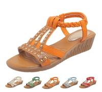 Women's Wedge Sandals Low Heels Rome Rhinestone Walking Shoes Elastic Ankle Strap Open Toe Bohemia Shoes for Summer Comfortable Outdoor Beach Vacation Sandals Size 7.5