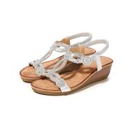 Womens wedge sandals open toe rhinestone dress sandals elastic ankle strap comfortable walking shoes for summer beach casual,silver,6 UK