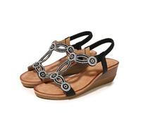 Womens wedge sandals open toe rhinestone dress sandals elastic ankle strap comfortable walking shoes for summer beach casual,Black,6.5 UK