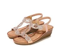 Womens wedge sandals open toe rhinestone dress sandals elastic ankle strap comfortable walking shoes for summer beach casual,champagne color,6.5 UK