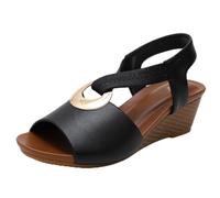 Women's wedge sandals, open toe slingback wedge heels with metal ring, comfortable platform summer shoes for casual walking,Black,37
