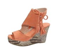 Women's Wedge Sandals Peep Toe Platform High Heels Boho Tassel Ankle Tie Summer Holiday Shoes Orange