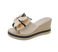 Womens Wedge Sandals Platform Mules with Bow Detail Open Toe Summer Holiday Slip On Shoes Beige
