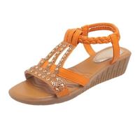 Women's Wedge Sandals Rhinestone Bohemian Summer Shoes Elasticated Back Strap Low Heel Casual Beach Open Toe Comfort Walking Footwear Orange