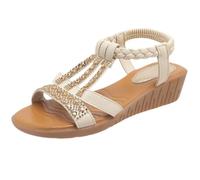 Womens Wedge Sandals Rhinestone Detail Bohemian Sandal Wide Width Open Toe Wedges Platform Sandals with Ankle Elastic Strap Smart Casual Comfort Slip On Summer Beach Sandal Ladies Low Heel Sandles
