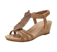 Women's Wedge Sandals Strappy Diamante Slingback Shoes Slip On Elastic Backstrap Open Toe Summer Sandals Ladies Mid Heeled Embellished Leather Slippers for Outdoor Beach Pool (Brown, 5.5)