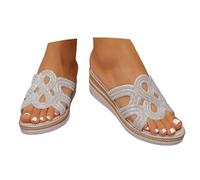 Womens Wedge Sandals Summer Fish Mouth Thick Bottom Wedge Heel Slippers For Women Retro Rhinestone Hollow Wear Open Toe Sandals Fashion Dress Shoes (White, 7)