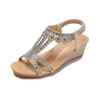 Women's Wedge Sandals, Womens Adjustable Elastic Straps Rhinestone Open Toe Wedge Sandals, Fashion Summer Non-slip Roman Shoes, for All Kinds of Clothes Such as Jeans, Casual Pants(Gold,7 UK)