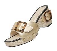 Women's Wedge Slide Sandals with Studded Strap, Square Toe Lip On Platform Sandals, Orthopedic Y2k Chunky Shoes for Beach and Outdoors (Gold,6.5)