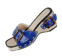 Women's Wedge Slide Sandals with Studded Strap, Square Toe Lip On Platform Sandals, Orthopedic Y2k Chunky Shoes for Beach and Outdoors (Blue,8.5)