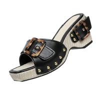 Women's Wedge Slide Sandals with Studded Strap, Square Toe Lip On Platform Sandals, Orthopedic Y2k Chunky Shoes for Beach and Outdoors (Black,5)