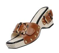 Women's Wedge Slide Sandals with Studded Strap, Square Toe Lip On Platform Sandals, Orthopedic Y2k Chunky Shoes for Beach and Outdoors (Khaki,8.5)