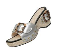 Women's Wedge Slide Sandals with Studded Strap, Square Toe Lip On Platform Sandals, Orthopedic Y2k Chunky Shoes for Beach and Outdoors (Silver,5)