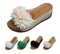 Womens Wedge Slip On Sandals,Beach Slides Women,Solid Colour Slides With 3d Flower Decoration,Breathable Non Slip Sole Slide,Summer Seaside Vacation Sandals,Casual Outdoor & Indoor Backless Sandal