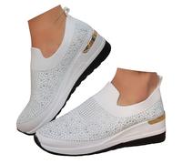 Women's Wedge Sneakers 2026,Fashion Breathable Mesh Orthopaedic Comfortable Glitter Sneaker Sparkly Rhinestone Lace Up Non Slip Casual Walking Shoes Wedding Tennis Shoes for Bride A White