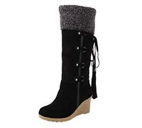 Womens Wedge Snow Boots With Back Lace, Womens Knee High Wedge Boots, Vintage And Classic Boot Comfortable And Warm Boot Suede Fringed Booties Fashion Casual Booties For Autumn Winter