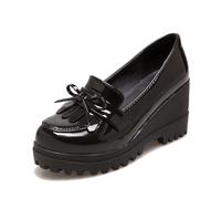 Womens Wedge Tassel Bow Penny Loafers,Ladies Platform Slip on Round Toe Trendy Dressy Casual Cute Business Office Leather Party Holiday Evening High Heel Shoe (Black,6.5)