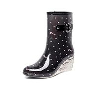 Womens Wedge Wellies UK Clearance, Knee-High Boots Platform Wellington Boots Polka Dot Wellie Boots Buckle Boot Work Wide Calf Garden Shoes Waterproof Non Slip Welly Boots Stylish Rain Boots