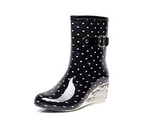 Womens Wedge Wellies UK Clearance, Knee-High Polka Dot Wellie Boots Platform Wellington Boots Buckle Boot Work Wide Calf Garden Shoes Waterproof Non Slip Welly Boots Stylish Rain Boots