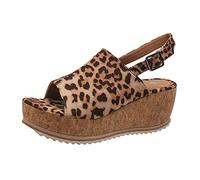 Women's Wedges Sandals Ladies Leopard Print Retro Platform Sandal Open Toe Sliders Sandals Ankle Strap Adjustable Buckle Roman Fish-Mouth Wide Fit Shoes Elegant Comfortable Sandal for Beach