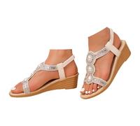 Women's Wedges Sandals Open Toe with Elastic Band Rhinestone Slip on Breathable Shoes Casual Bohemian Comfortable Fashionable Lightweight Outdoor Beach Sandals