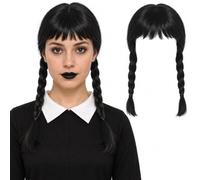 Womens Wednesday Scary Daughter Wig Gothic Costume Accessory - Ladies Schoolgirl Long Black Braided Wigs For Addams Family Fancy Dress Halloween Cosplay With Fringes