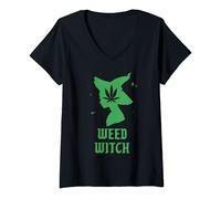 Womens Weed Witch Funny Spooky Vibes Marijuana Halloween Costume V-Neck T-Shirt