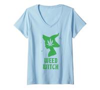 Women's Weed Witch Funny Spooky Vibes Marijuana Halloween Costume V-Neck T-Shirt, Baby Blue, Medium