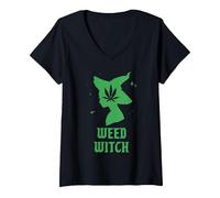 Women's Weed Witch Funny Spooky Vibes Marijuana Halloween Costume V-Neck T-Shirt, Black, Medium