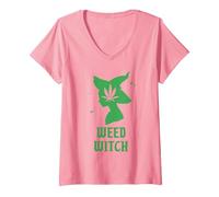 Women's Weed Witch Funny Spooky Vibes Marijuana Halloween Costume V-Neck T-Shirt, Pink, Medium
