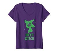 Women's Weed Witch Funny Spooky Vibes Marijuana Halloween Costume V-Neck T-Shirt, Purple, Medium
